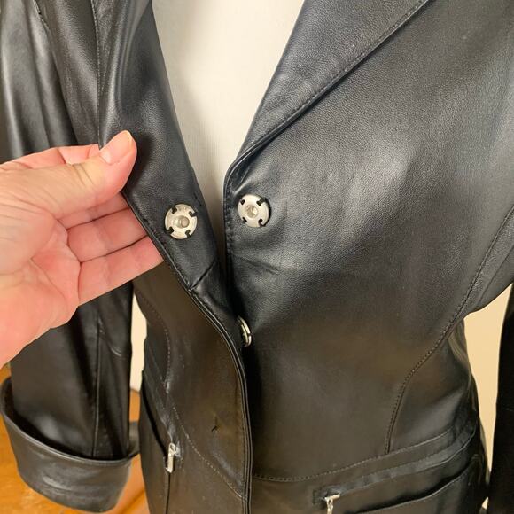 Vintage I.E. Size M Womens 100% Leather Blazer Jacket Black Outdoor Classic Soft - Picture 12 of 15